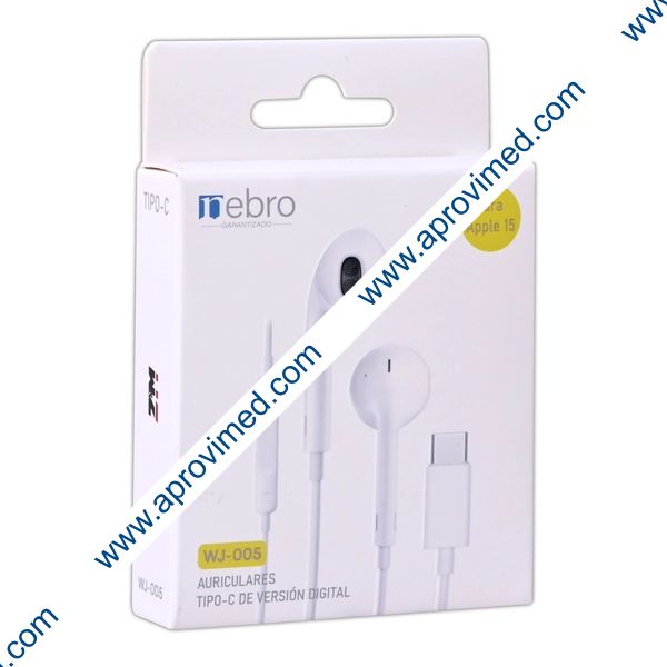 AUDÍFONOS ALÁMBRICOS Para Apple 15 (Nebro) Mod. WJ-005 Col. Blanco.