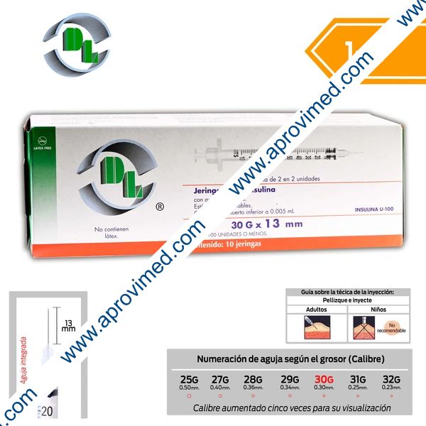 JERINGA  1mL. (DL) Insulina c/AGUJA INTEGRADA 30Gx13mm. c/10 Pzs.