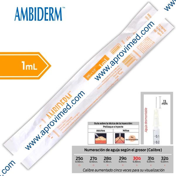 JERINGA  1mL. (Ambiderm) Insulina c/AGUJA DESMONTABLE 30Gx13mm. c/1 Pza.
