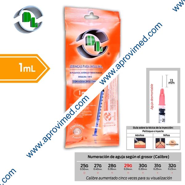 JERINGA  1mL. (DL) Insulina c/AGUJA DESMONTABLE 29Gx13mm. c/ 5 Pzs.