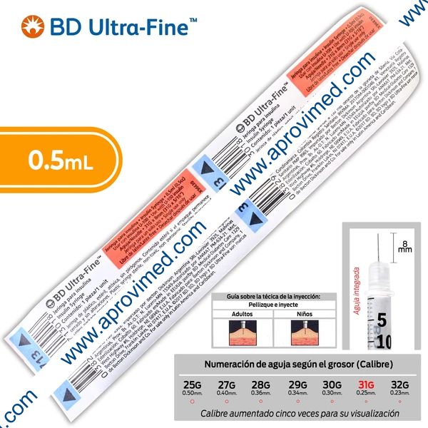 JERINGA  0.5mL. (BD U-Fine) Insulina c/AGUJA INTEGRADA 31Gx8mm. c/1 Pza.