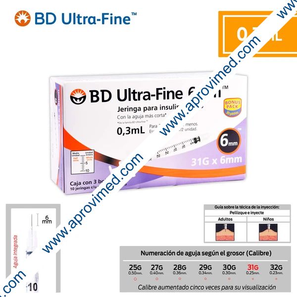 JERINGA  0.3mL. (BD U-Fine) Insulina c/AGUJA INTEGRADA 31Gx6mm. c/30 Pzs.