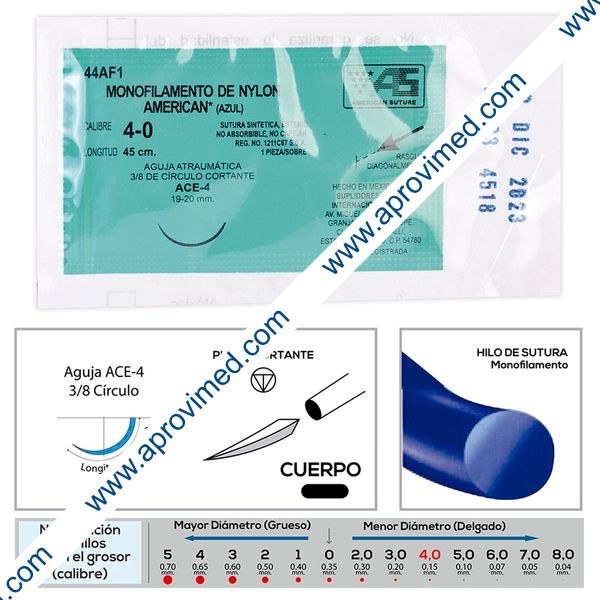 NYLON AZUL (American) Cal. 4-0/L: 45cm/Aguja ACE-4 Sob. c/1 Pza.