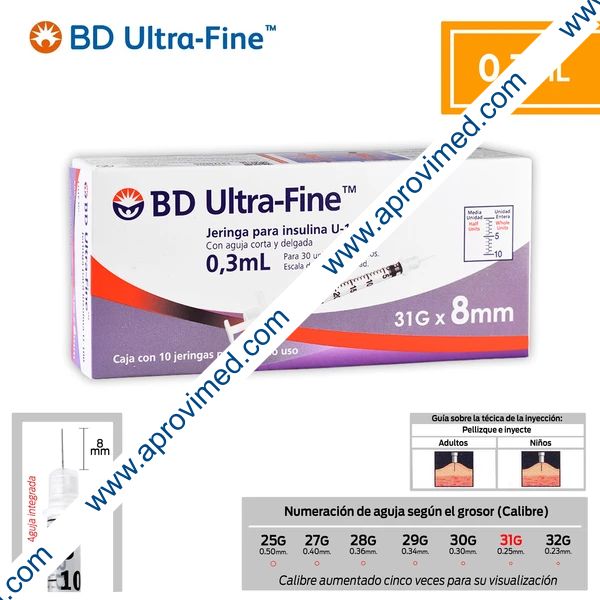 JERINGA  0.3mL. (BD U-Fine) Insulina c/AGUJA INTEGRADA 31Gx8mm. c/10 Pzs.