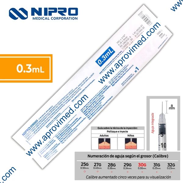 JERINGA  0.3mL. (Nipro) Insulina c/AGUJA INTEGRADA 30Gx8mm. c/1 Pza.