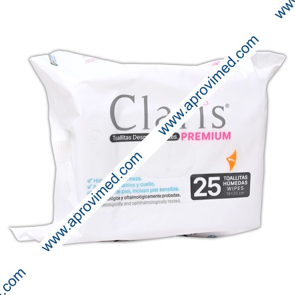 CLARIS PREMIUM TOALLAS DESMAQUILLANTES Paq. c/25 Pzs.