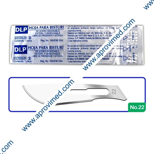 HOJA PARA BISTURÍ Acero Inoxidable (DLP) No. 22 c/1 Pza.