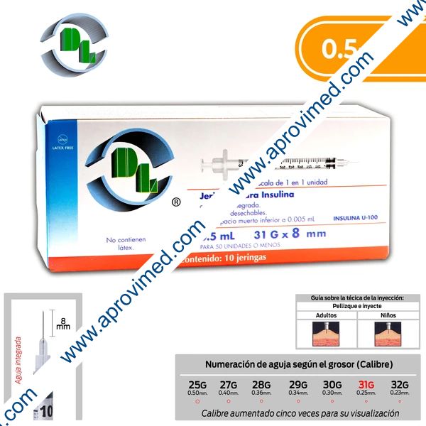 JERINGA  0.5mL. (DL) Insulina c/AGUJA INTEGRADA 31Gx8mm. c/10 Pzs.