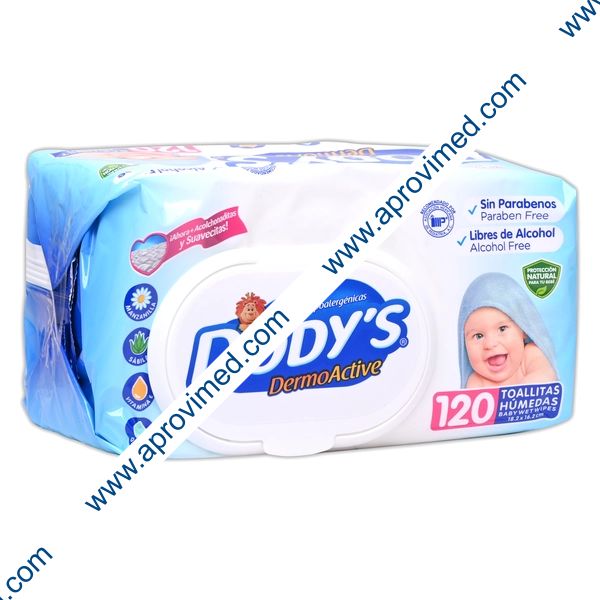 DODYS DERMO ACTIVE (Azul) Toallitas Húmedas 18.2x16.2cm. Paq. c/120 Pzs.
