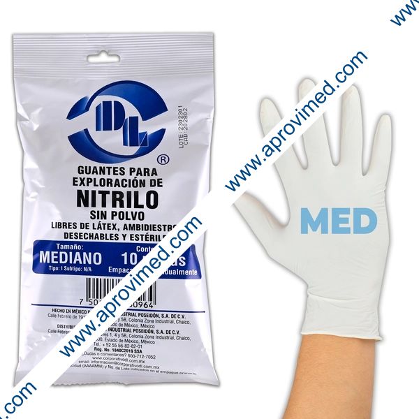 GUANTE NITRILO EXPLN. Estéril (DL) "MED" Paq. c/10 Pzs.