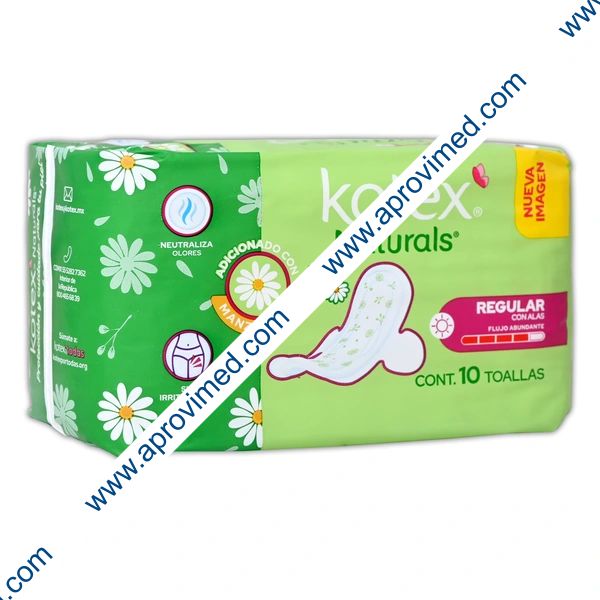 KOTEX NATURALS REGULAR c/ALAS Flujo Abundante c/10 Toallas.