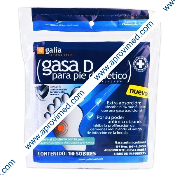 GASA "D" PARA PIE DIABÉTICO (Galia) Estéril 10x10cm. Bolsa c/10 Sobs.