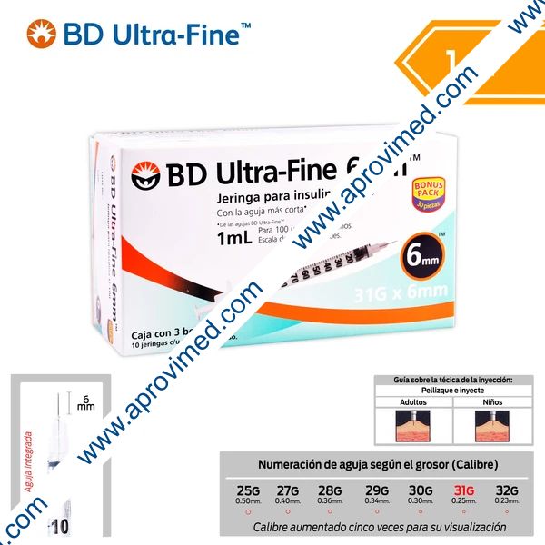 JERINGA  1mL. (BD U-Fine) Insulina c/AGUJA INTEGRADA 31Gx6mm. c/30 Pzs.