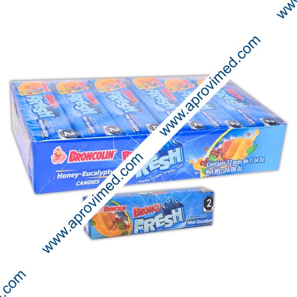 BRONCO FRESH CARAMELO Sab. Miel-Eucalipto EXHIB. 12x9 Pzs. 456 G.