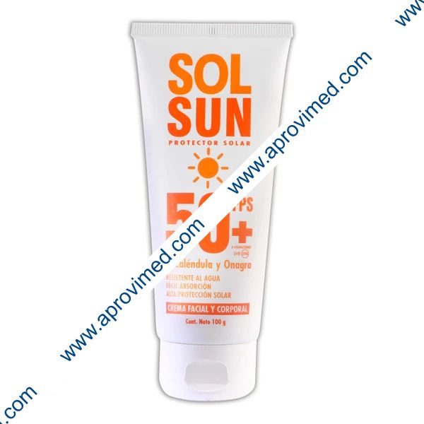 SOLSUN Protector Solar 50+FPS CREMA Facial y Corporal Tubo c/100 G.