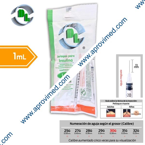 JERINGA  1mL. (DL) Insulina c/AGUJA INTEGRADA 30Gx13mm. c/ 5 Pzs.