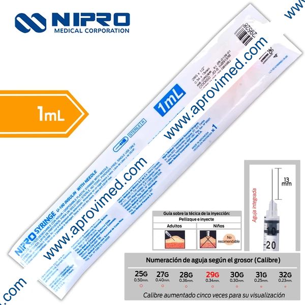 JERINGA  1mL. (Nipro) Insulina c/AGUJA INTEGRADA 29Gx13mm. c/1 Pza.