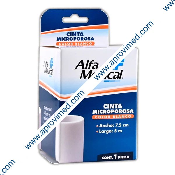CINTA MICROPOROSA (Alfa Medical) Rollo Col. Blanco A: 7.5cm; L: 5m. Cja. c/1 Pza