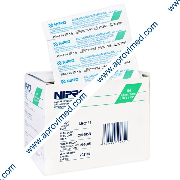 AGUJA HIPODERMICA (Nipro) 21Gx1-1/4"(32mm) Cja. c/100 Pzs.