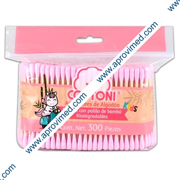 APLICADORES DE ALGODÓN Kids BIODEGRADABLES (Cottoni) Col. Rosa Bolsa c/300 Pzs.