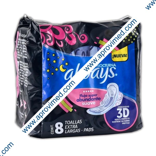 ALWAYS NOCTURNA SUAVE Con Alas/Flujo Súper Abundante c/8 Toallas Ex-Largas.