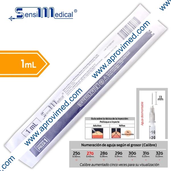JERINGA  1mL. (SensiMedical) Insulina c/AGUJA INTEGRADA 27Gx13mm. c/1 Pza.