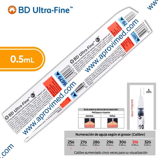 JERINGA  0.5mL. (BD U-Fine) Insulina c/AGUJA INTEGRADA 31Gx6mm. c/1 Pza.