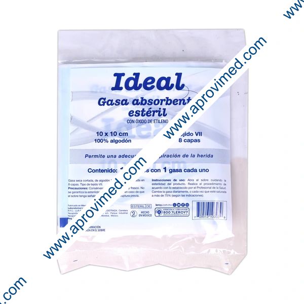 GASA ABSORBENTE Estéril (Ideal) 10x10cm. T20x12, 8C. Paq. c/10 Sobs.