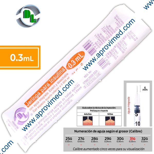 JERINGA  0.3mL. (DL) Insulina c/AGUJA INTEGRADA 31Gx6mm. c/ 1 Pza.
