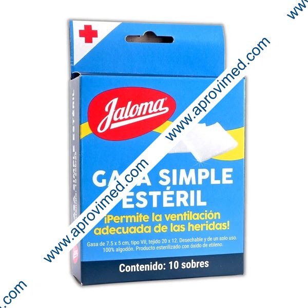GASA SIMPLE ESTÉRIL (Jaloma)  7.5x5cm. T20x12, 8C. Caja c/10 Sobs.
