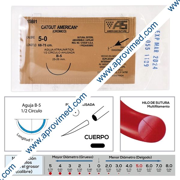 CATGUT CRÓMICO (American) Cal. 5-0/L: 68-75cm/Aguja B-5 Sob. c/1 Pza.