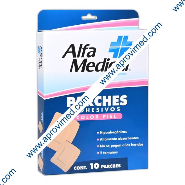 PARCHES ADHESIVOS (Alfa Medical) Col. Piel 2 TAMAÑOS 10x10/6x8cm. Cja. c/10 Pzs.