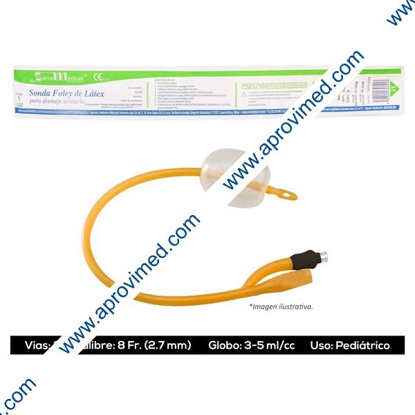 SONDA FOLEY de LATEX (SensiMedical) 2V/GLB 3-5/Cal.  8 Fr. c/1 Pza.
