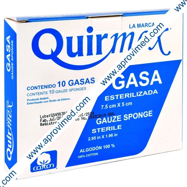 GASA ESTERILIZADA (Quirmex)  7.5x5cm. T20x12, 8C. Caja c/10 Sobs.