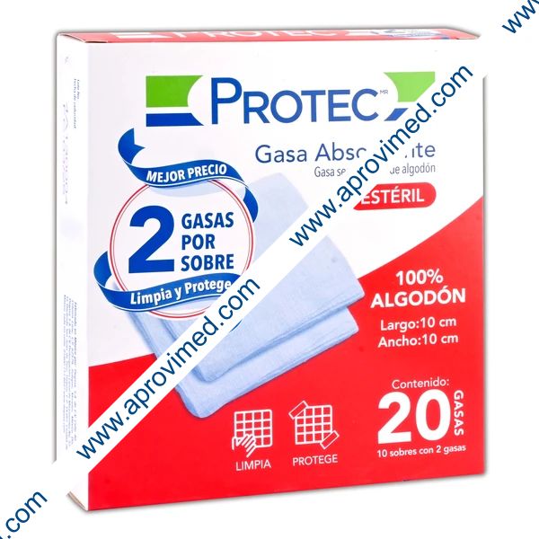 GASA ABSORBENTE Estéril (Protec) 10x10cm. T20x12, 8C. Cja. c/10 Sobs. c/2 Pzs.