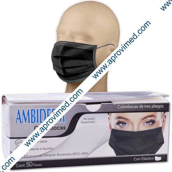CUBREBOCAS ADULTO DCHBLE. 3 PLIEGUES Col. Negro (Ambiderm) Cja. c/50 Pzs.