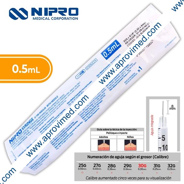 JERINGA  0.5mL. (Nipro) Insulina c/AGUJA INTEGRADA 30Gx8mm. c/1 Pza.