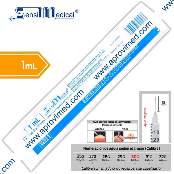 JERINGA  1mL. (SensiMedical) Insulina c/AGUJA INTEGRADA 30Gx13mm. c/1 Pza.