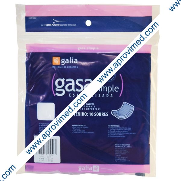 GASA SIMPLE ESTÉRIL (Galia) 10x10cm. T20x12, 8C. Bolsa c/10 Sobs.