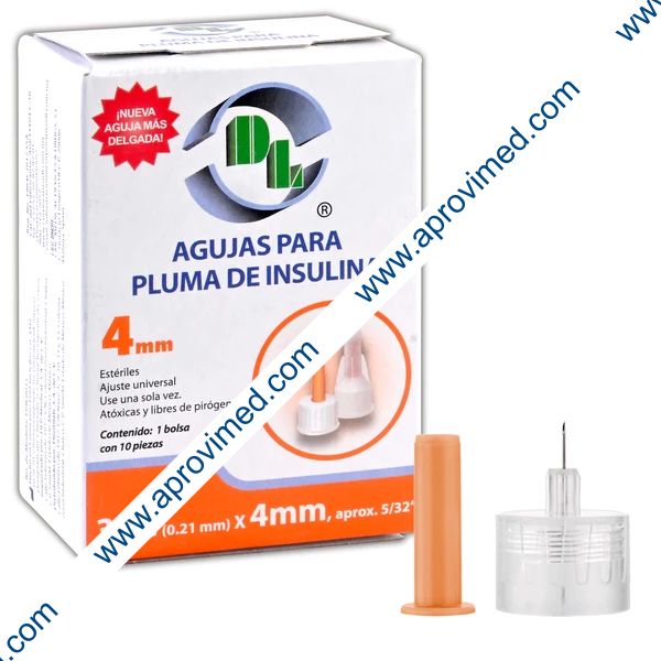AGUJAS PARA PLUMA DE INSULINA (DL) 33Gx4mm. Caja c/10 Pzs.