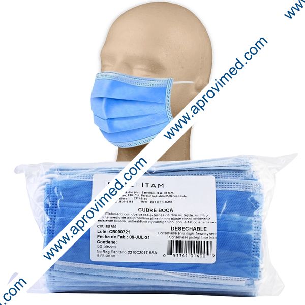CUBREBOCAS DCHBLE. 3 PLIEGUES Col. Azul (Esteritam) Bolsa c/50 Pzs.