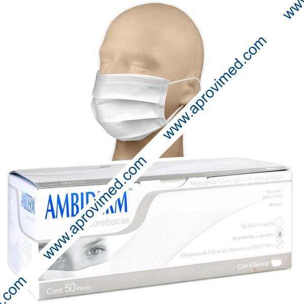 CUBREBOCAS ADULTO DCHBLE. 3 PLIEGUES Col. Blanco (Ambiderm) Cja. c/50 Pzs.